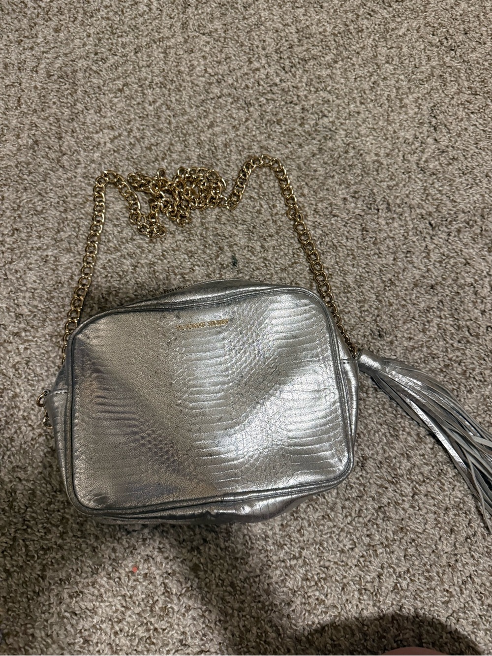 Victoria's Secret Metallic Silver Crossbody with Gold Chain and Tassel